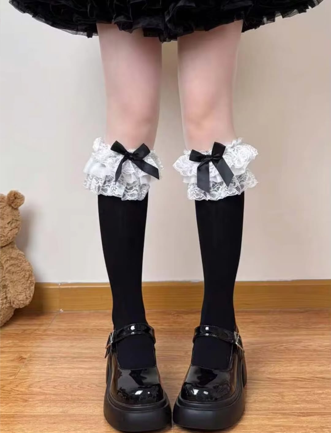 White Lace Ruffle Over-the-Calf Socks with Black Bow – Cute Coquette Thigh-High Stockings for Women